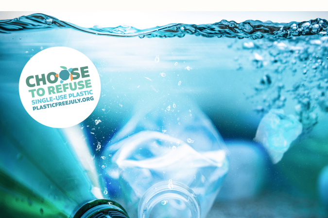 plastic free july logo and ocean plastic waste