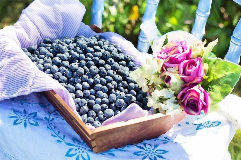 Blueberries in a basket with flowers