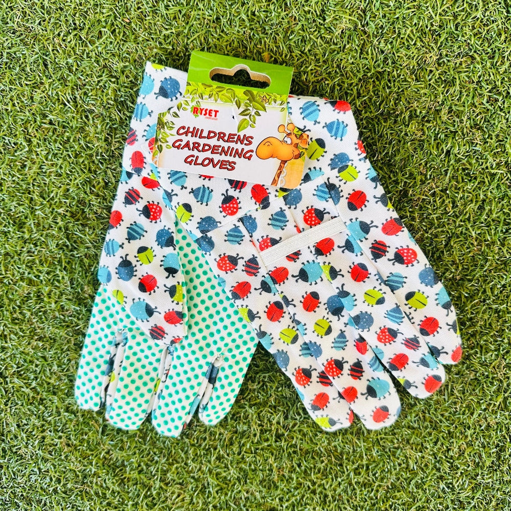 Cotton Children's Gardening Gloves with Rubber Gripping and Ladybug Print.