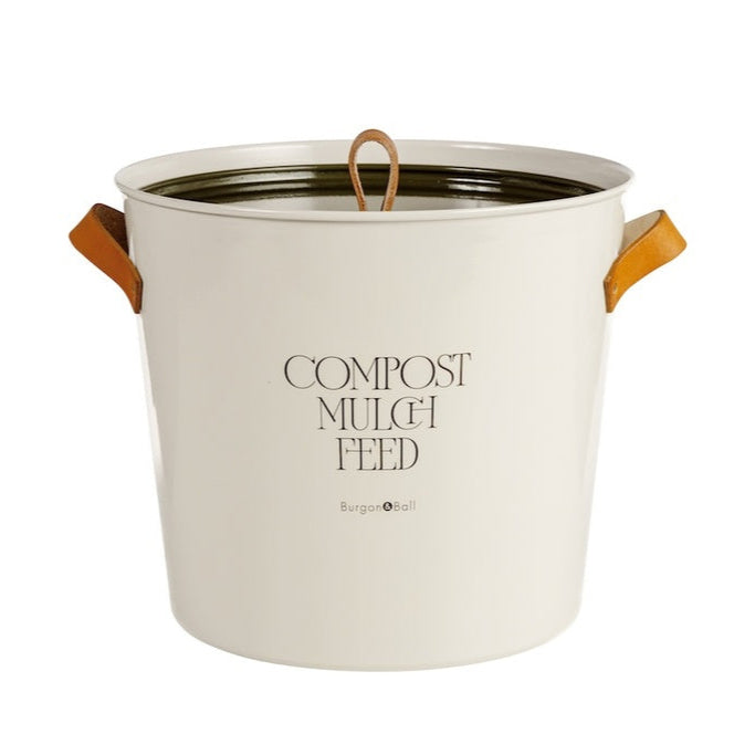 White Metal Benchtop Compost Bin with Olive Metal Lid and Brown Leather Handles from Burgon & Ball.