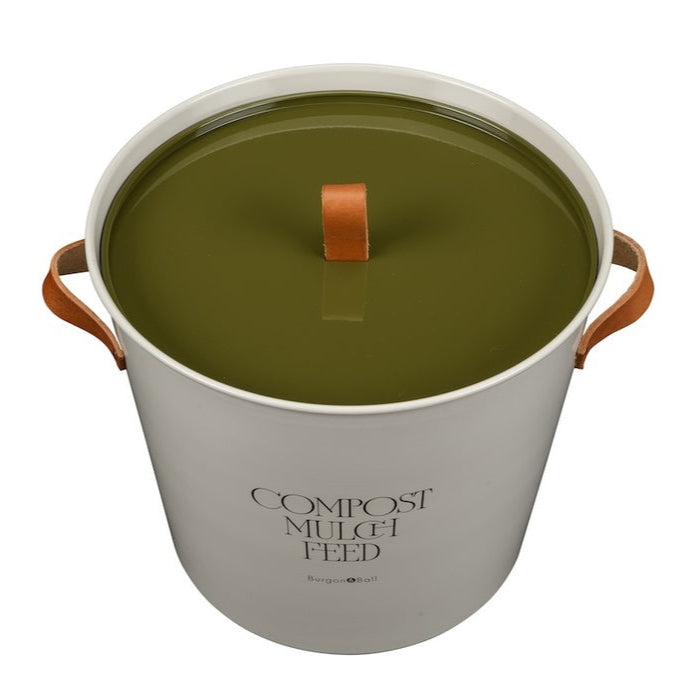 White Metal Benchtop Compost Bin with Olive Metal Lid and Brown Leather Handles from Burgon & Ball.