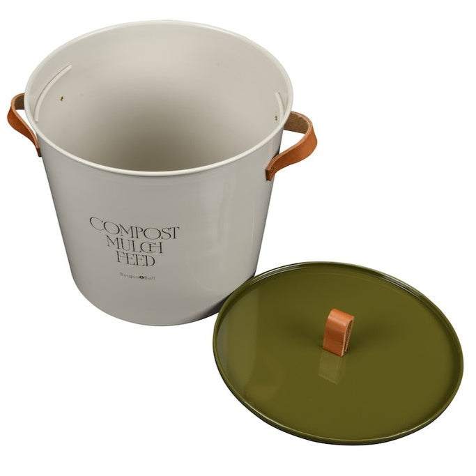 White Metal Benchtop Compost Bin with Olive Metal Lid and Brown Leather Handles from Burgon & Ball.