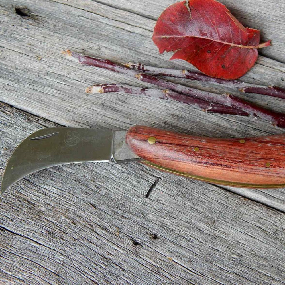 Wooden-handled knife with a curved blade on a wooden surface with a red leaf.