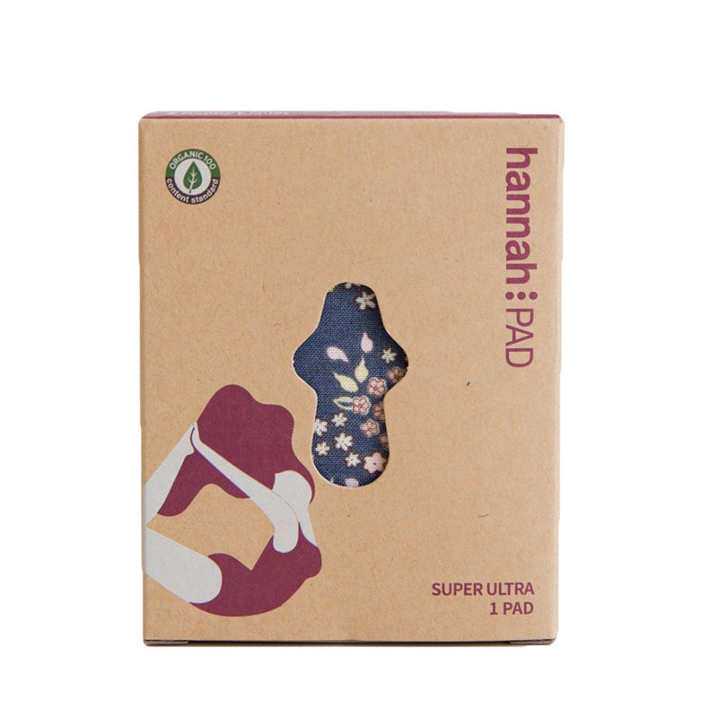 Box Containing Organic Cotton Washable Super Ultra Hannah:PAD with Floral Pattern.