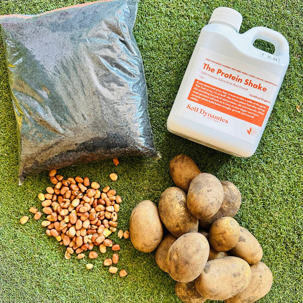 Healthy Growing Potato Bundle with Seed Potatoes, Faba Beans, Fish Emulsion and Biochar.