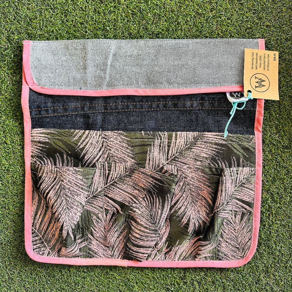 PaulaW Upcycled Denim and Fabric Tool Pouch with Leaf Pattern on Green Background.