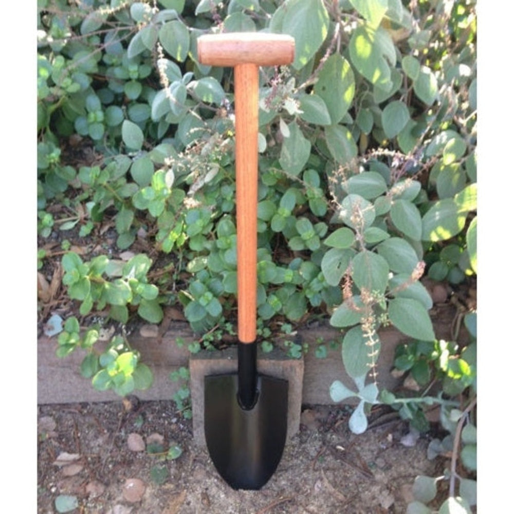 Small shovel with a wooden handle in a garden setting