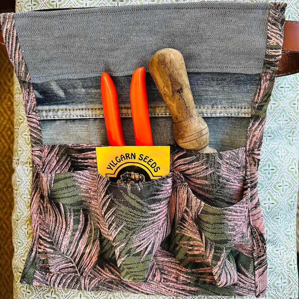 Secateurs, Seed Packet and Wooden Tool in Upcycled Denim and Fabric Tool Pouch Designed to Fit on Own Belt.