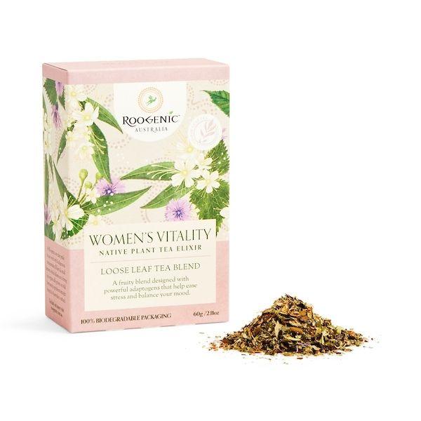 Roogenic Women's Vitality Loose Leaf Tea Blend Packaged in Box with Loose Leaf Tea on a White Background