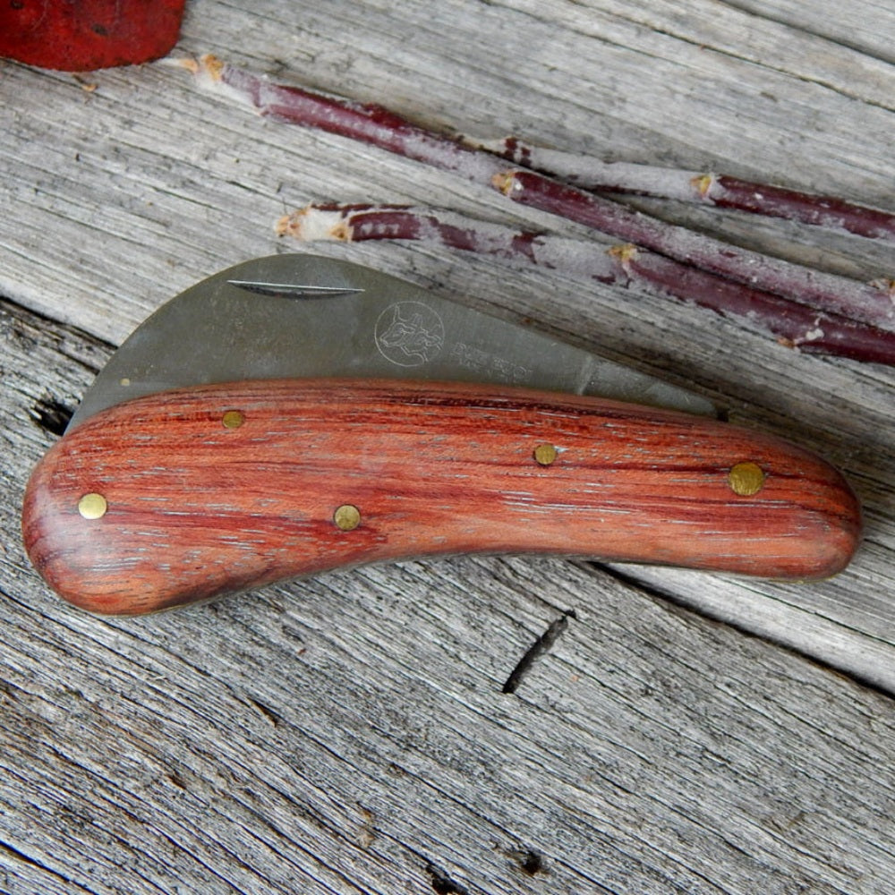 Wooden-handled knife on a wooden surface with twigs in the background