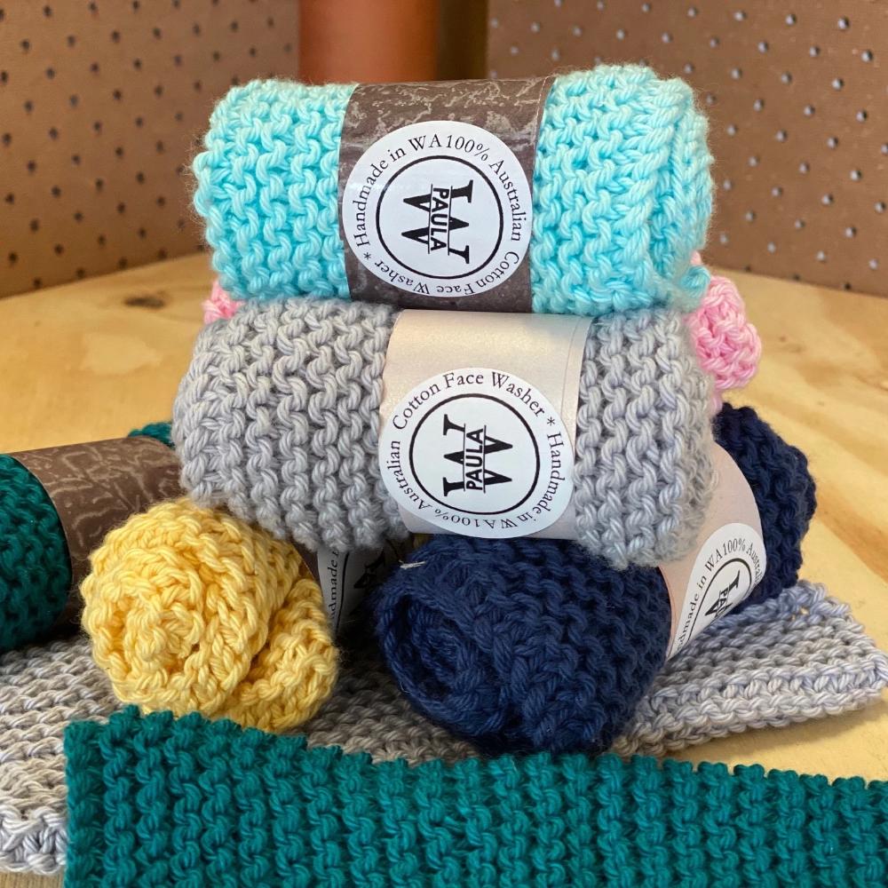 Hand Knitted Face Wash Cloths Made By PaulaW. Assorted Colours.