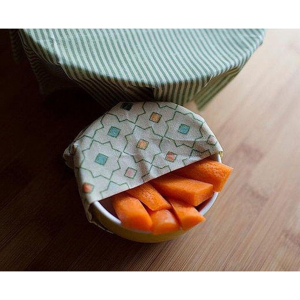 Beeswax Food Wrap Being Used to Cover Bowl