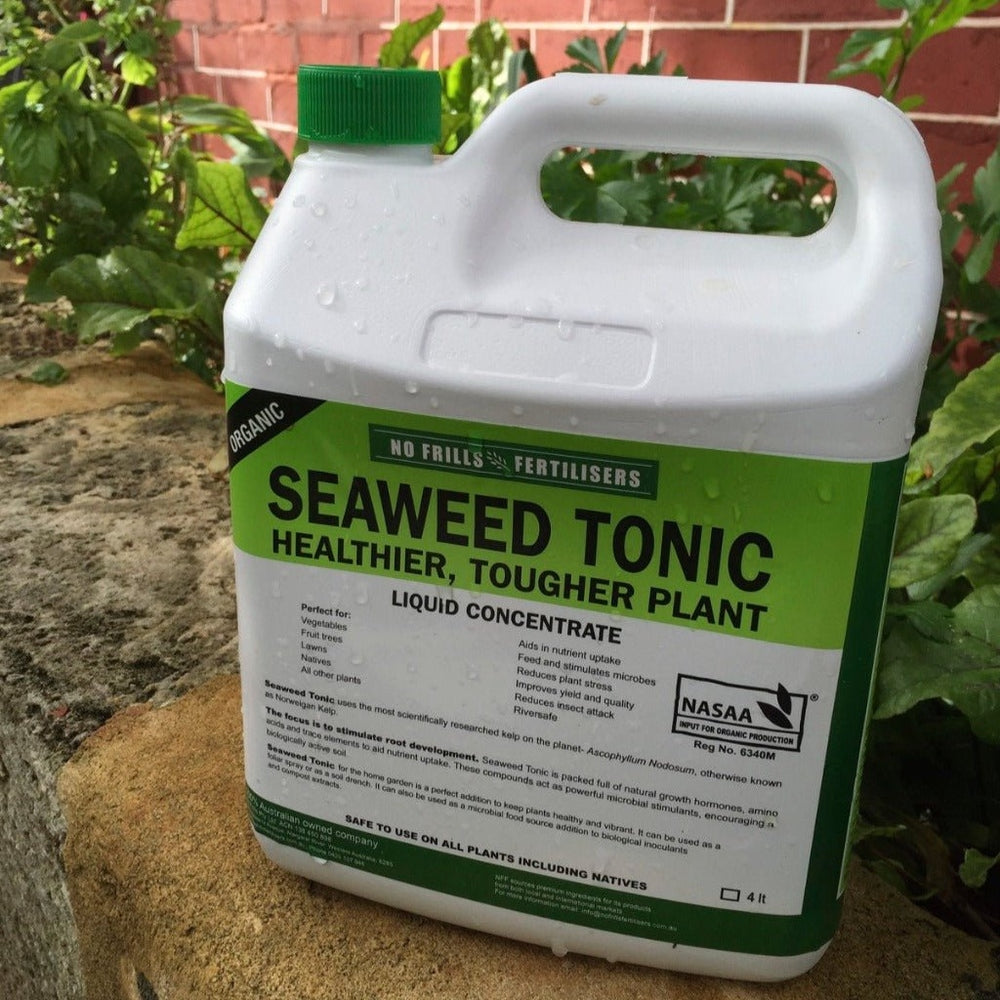 Previous Label for Happy Gut Tonic 4L from Soil Dynamics (Formerly Known As Seaweed Tonic from No Frills Fertilisers).