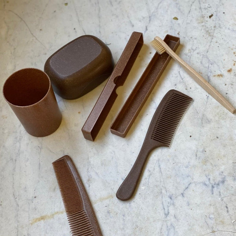 Liquid Wood Personal Care Travel Accessories including the Soap Holder, Toothbrush Holder and Cup