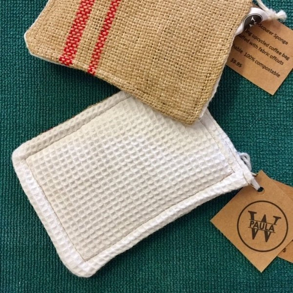 Handmade kitchen scourer sponge for cleaning made from recycled fabric.