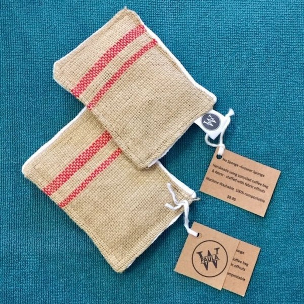 Handmade kitchen scourer sponge for cleaning made from recycled fabric.