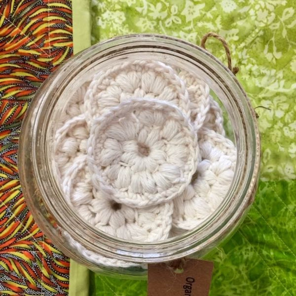 Handmade Crochet Organic Cotton Face Rounds. Colour white.