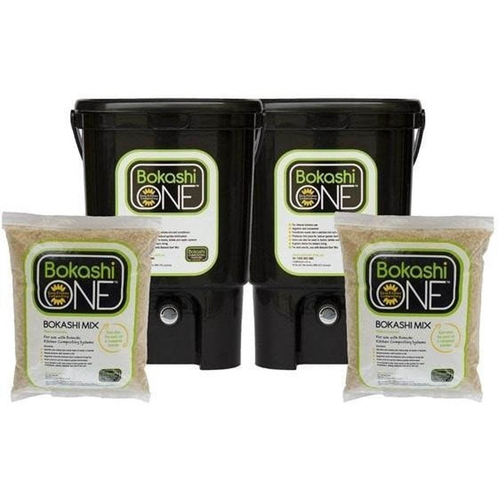 Bokashi Starter Kit Showing Two Black Buckets and Two Bags of Bran Mix