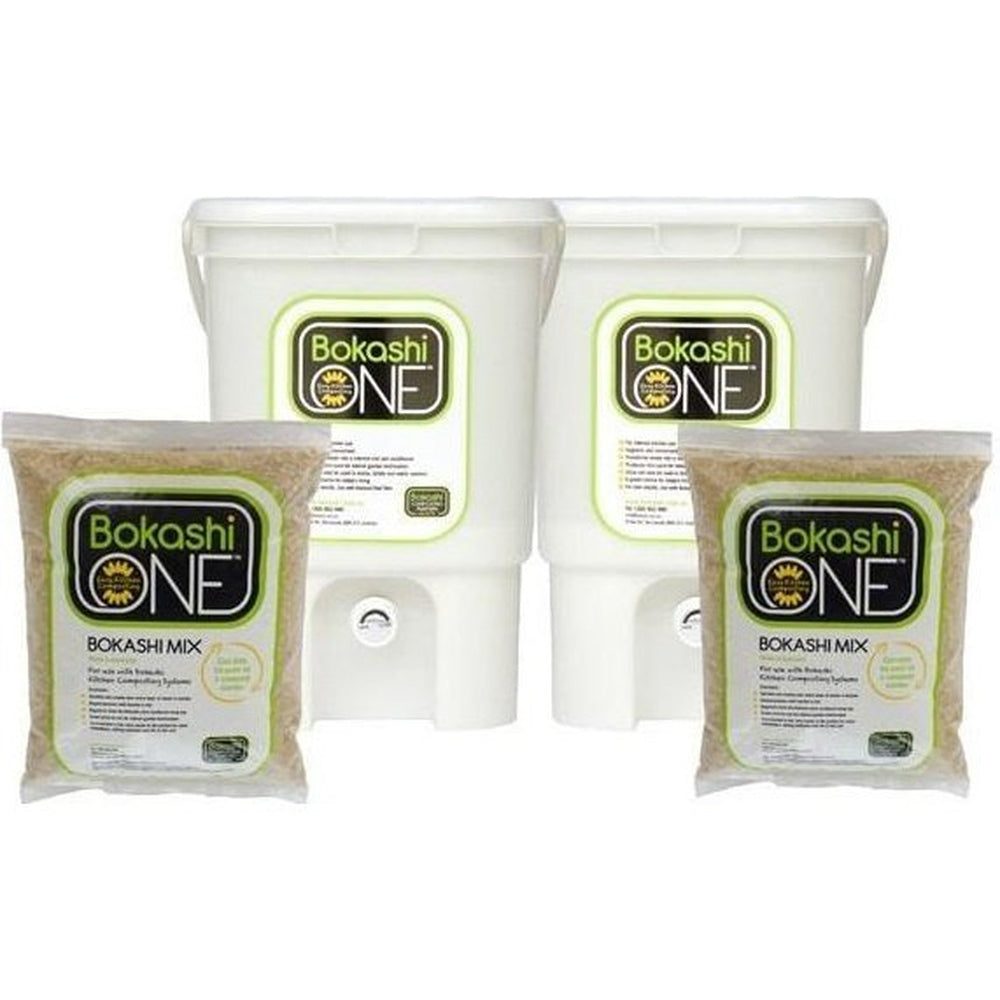 Bokashi Starter Pack Showing Two White Buckets and Two Bags of Bran Mix