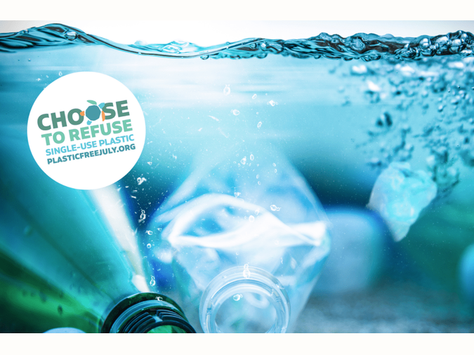 plastic free july logo and ocean plastic waste