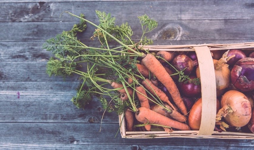 basket of vegetables on a bench