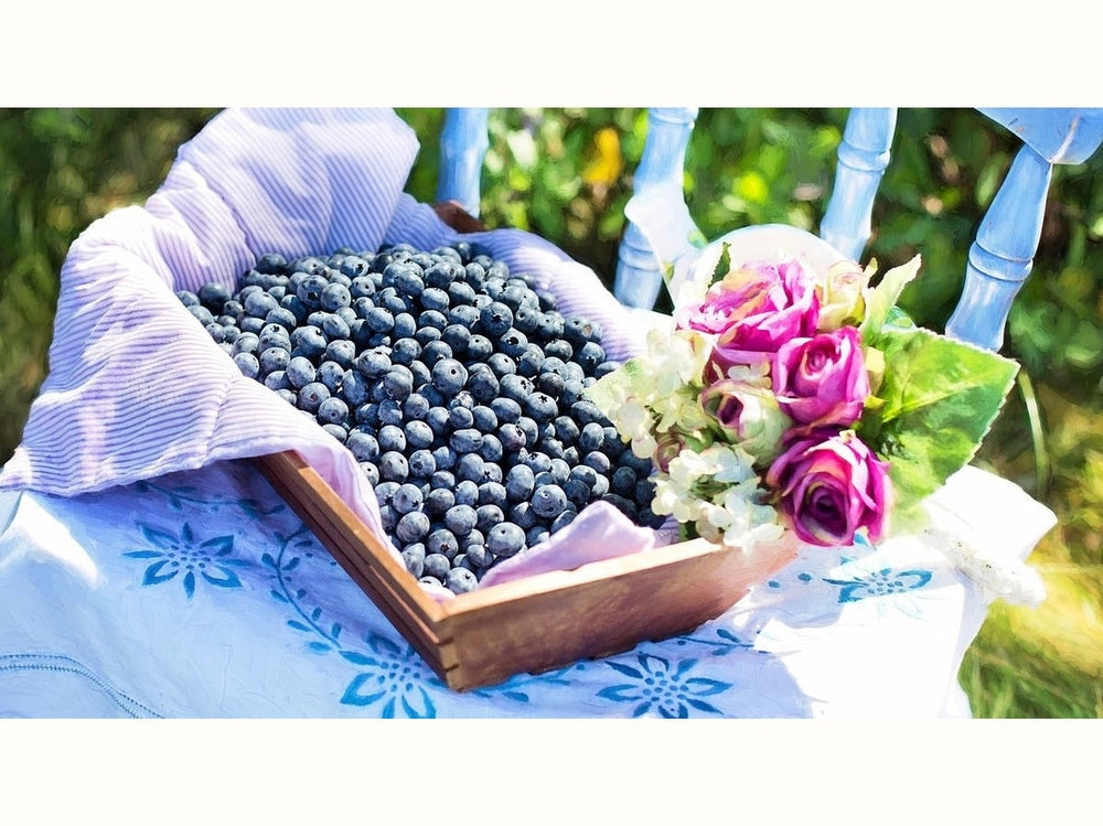 Blueberries in a basket with flowers