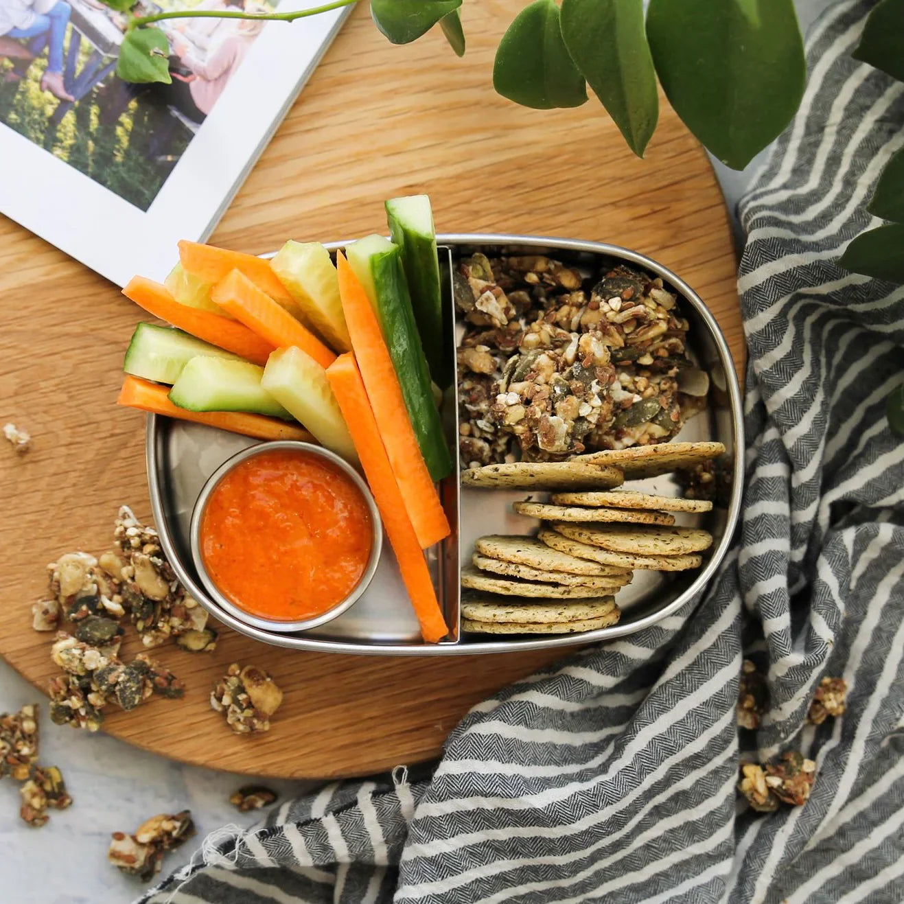 Veggies, Dip and Crackers in a Stainless Steel Bento Box