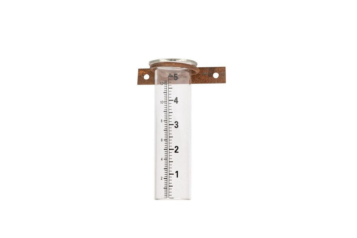 Glass Rain Gauge with Rust Look Metal Wall Mount
