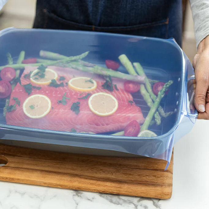 Baking Dish Covered with One Wrap Silicone Wrap Instead of Clingfilm.