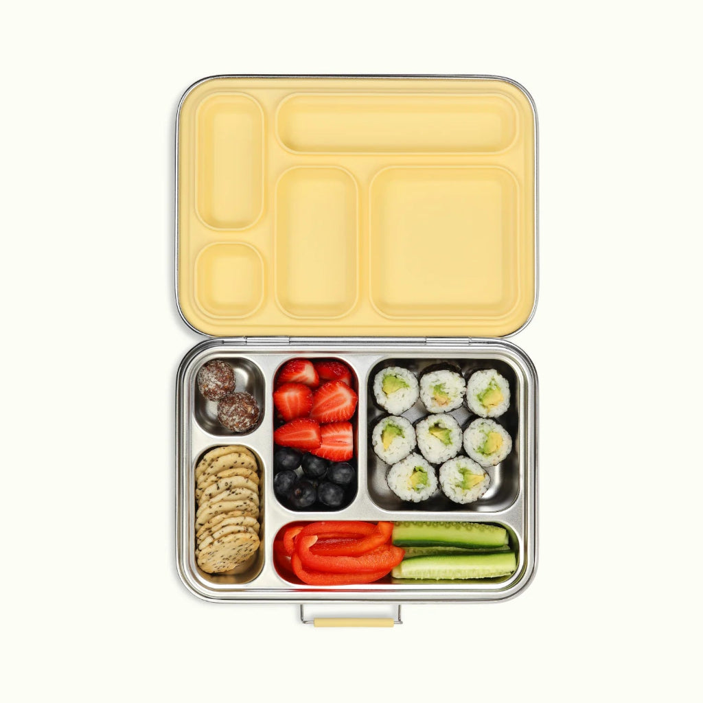 5 Compartment Stainless Steel Bento Box with Leak Proof Silicone Lid in Buttercup Yellow. 