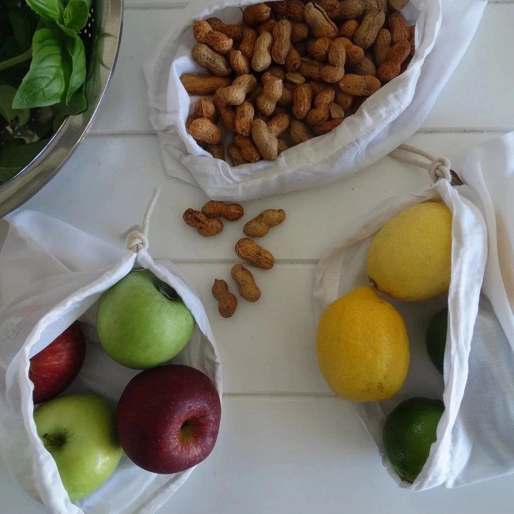  4MyEarth Bamboo Nut Milk or Produce Bags filled with Fruits and Nuts.