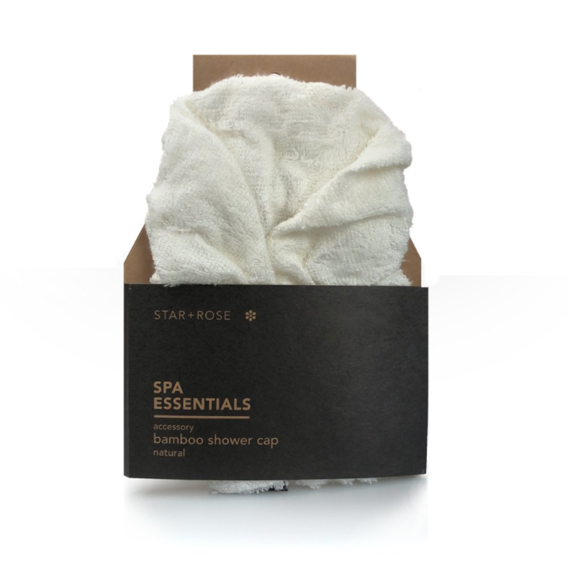 Star + Rose White Bamboo Shower Cap in Cardboard Packaging.