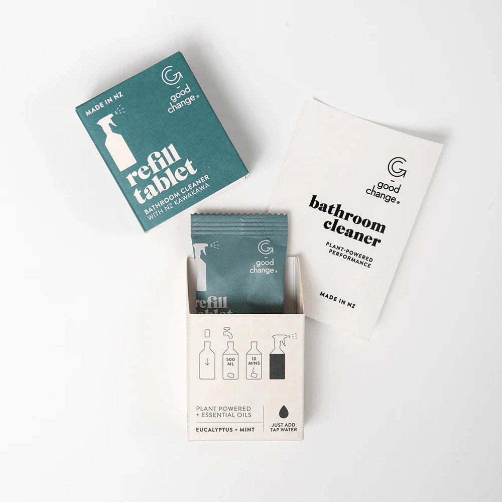 Good Change Bathroom Cleaning Refill Tablet in Compostable Packaging.