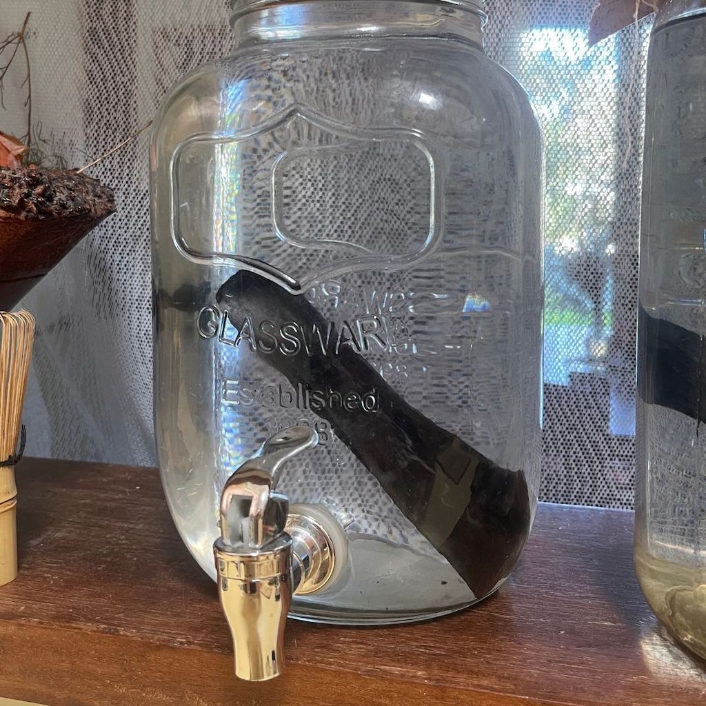 Charcoal water filter stick inside glass jar of water on a kitchen benchtop.