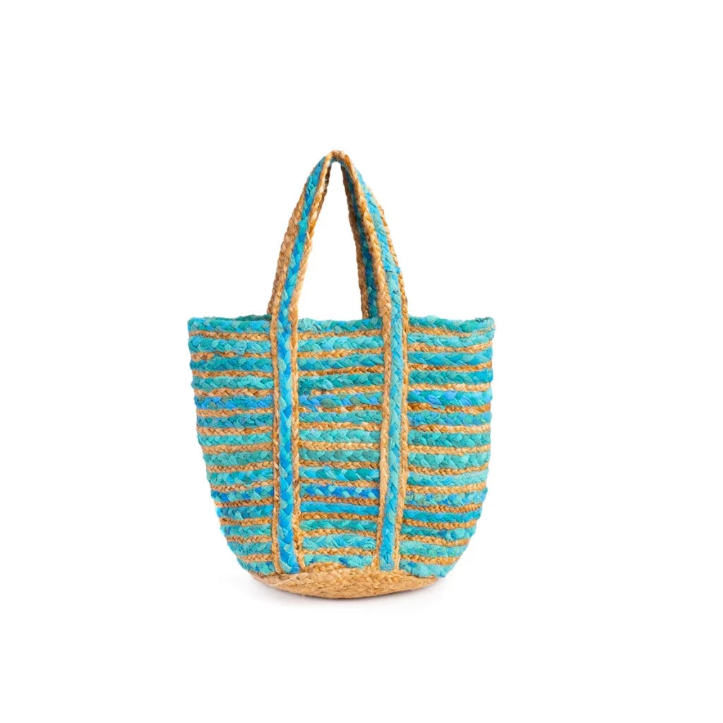 Fair Trade Woven Jute and Upcycled Blue Chindi Bag, Urban Revolution.