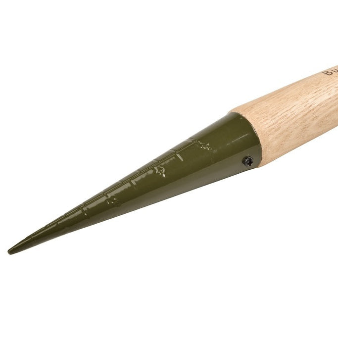 Close up of Burgon and Ball Boron Green 80% Recycled Steel Dibber Head with Planting Guide Markings. 