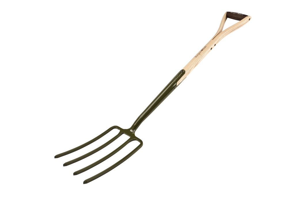 Garden fork with wooden handle on a white background