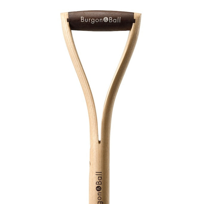 Garden fork handle with Burgon & Ball branding on a white background
