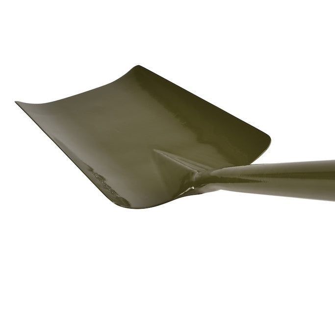 Green shovel with wooden handle on a white background