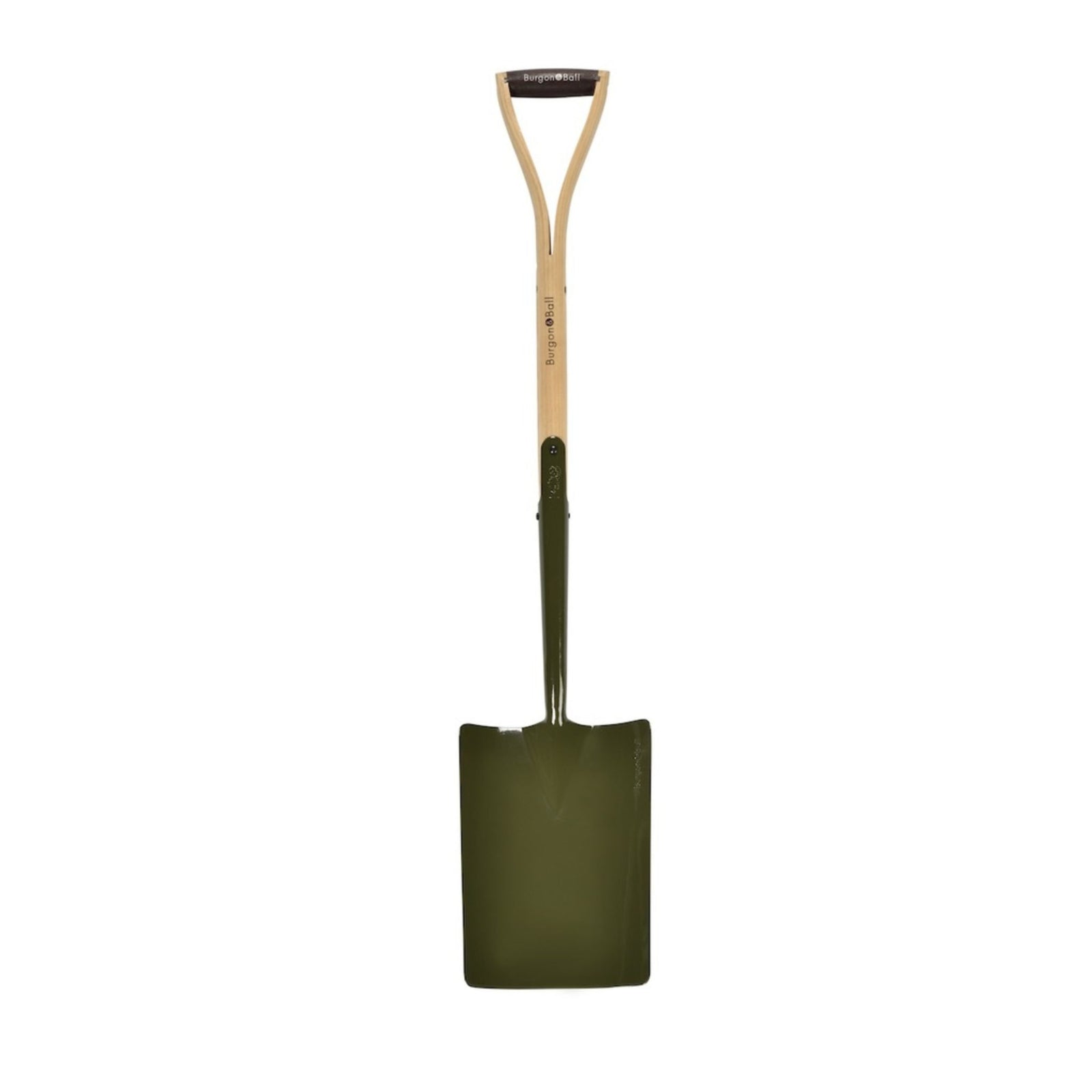 Green shovel with a wooden handle on a white background