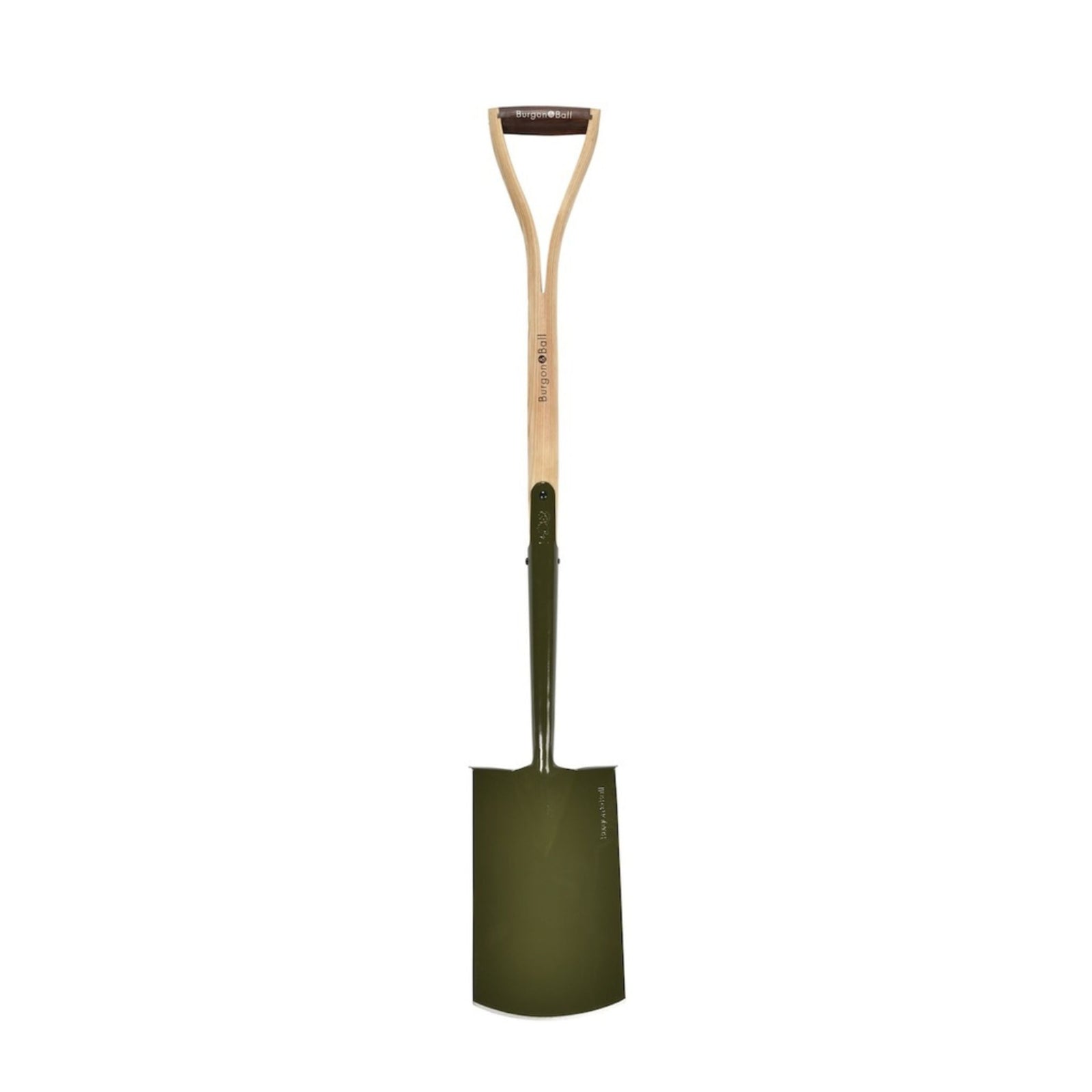 Green shovel with wooden handle on a white background