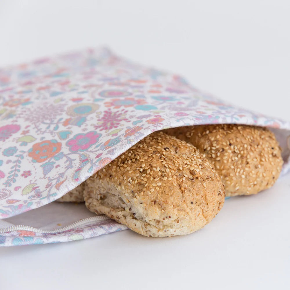 Bread Rolls stored in a colourful floral-patterned canvas cotton bread bag.