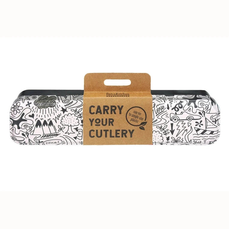 Metal Carry Your Cutlery Set by Retro Kitchen with Black and White Doodle Art Print