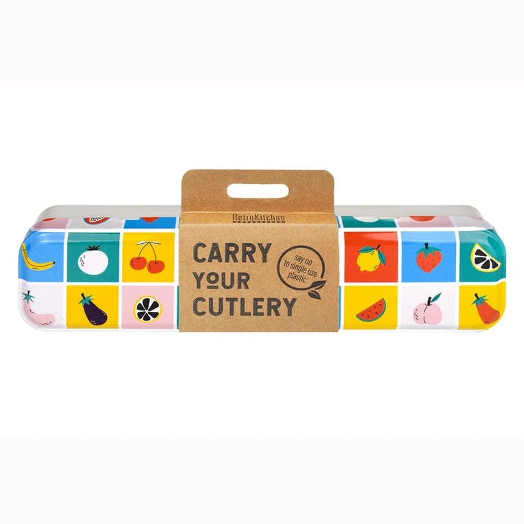 Metal Carry Your Cutlery Set by Retro Kitchen with Retro Fruits Print