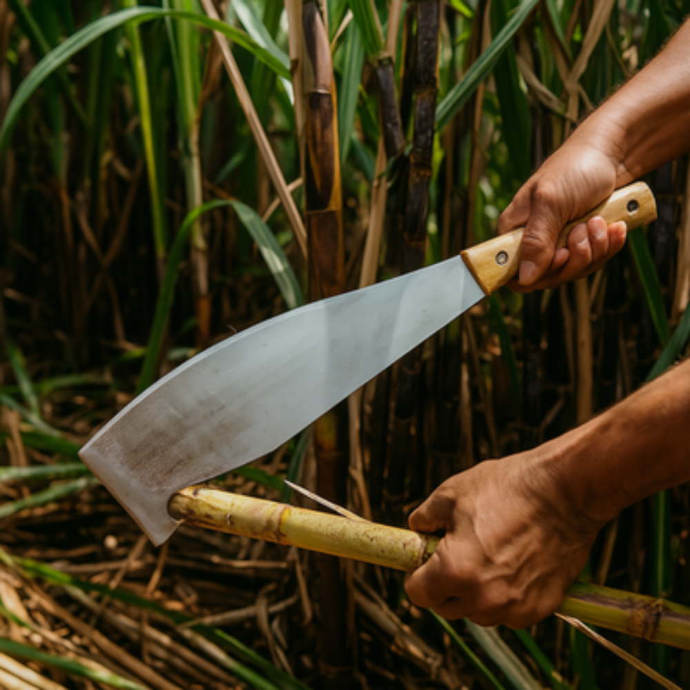 Person cutting sugarcane with a large knife in a field