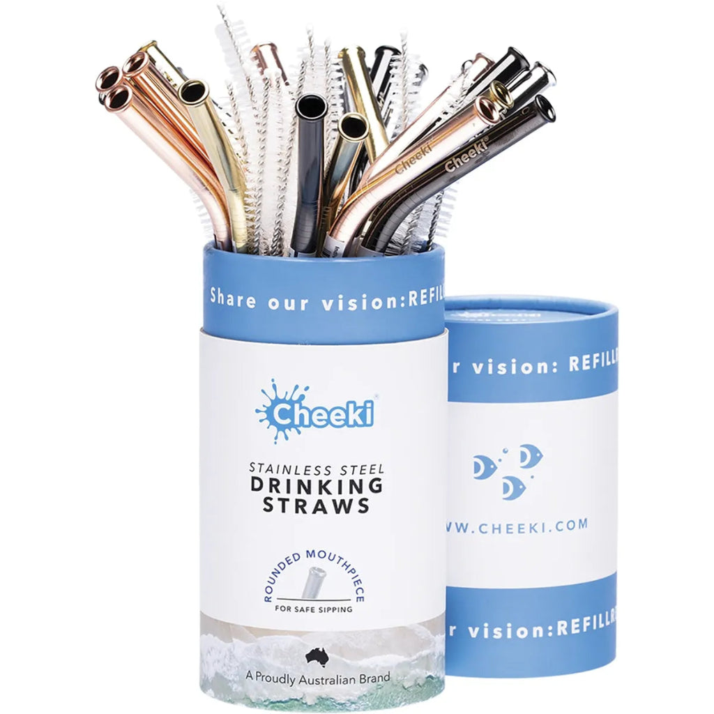 Cheeki Stainless Steel Drinking Straws in Various Colours with Straw Brushes in Container. Sold Individually.