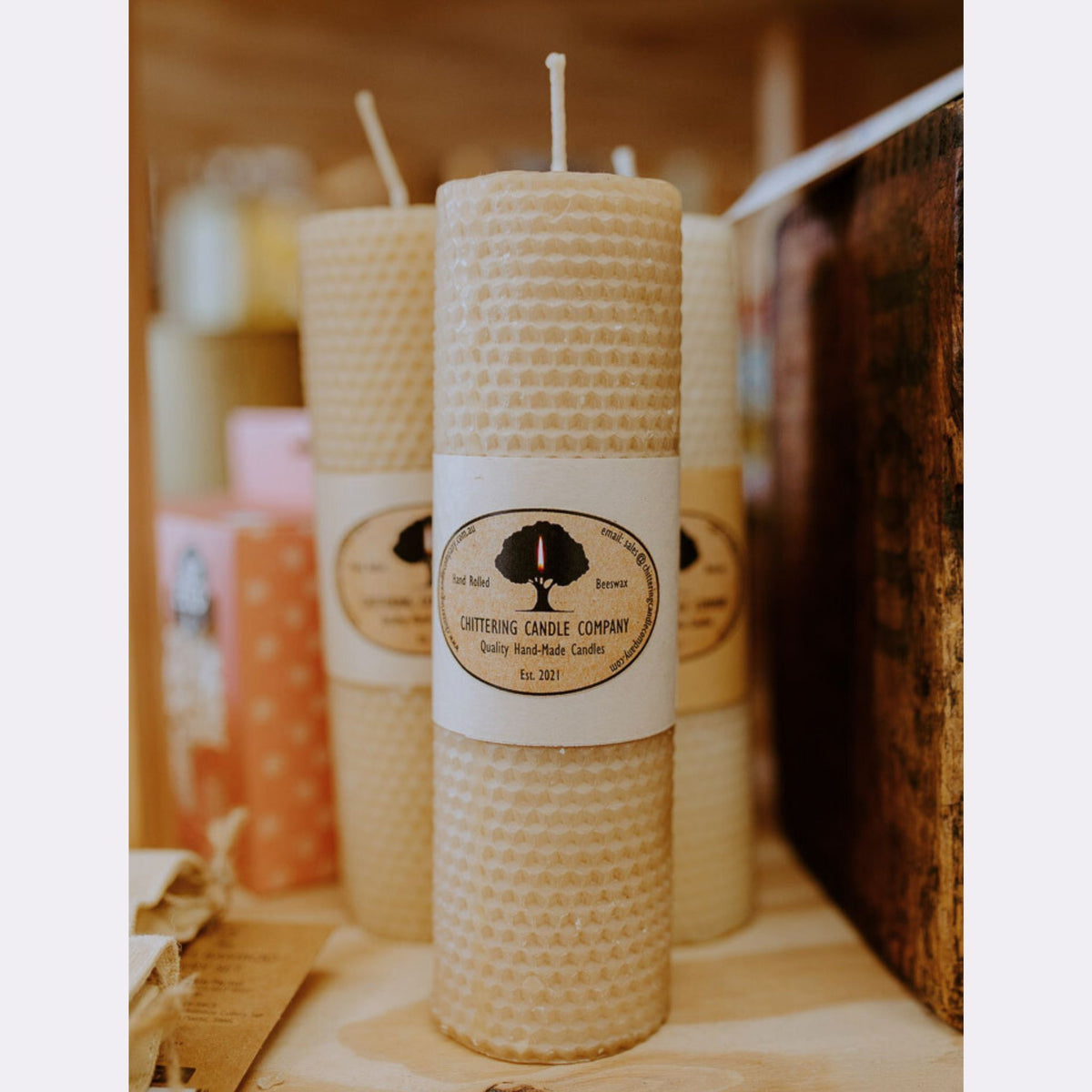 20cm Beeswax Pillar Candle, from the Chittering Candle Company