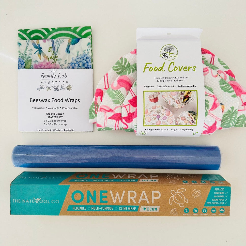 Clingfilm Replacement Bundle with Beeswax Food Wraps, Food Covers and Silicone Wrap Roll.