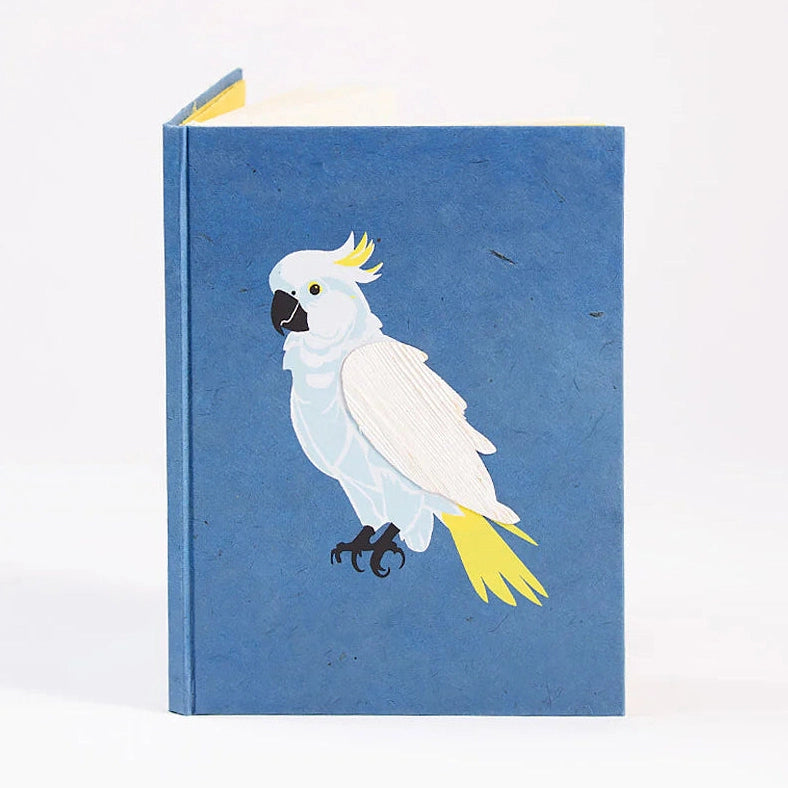 Fair Trade A5 Notebook Made Handmade from Nepalese Cotton Paper Featuring Textured Cockatoo on Cover.
