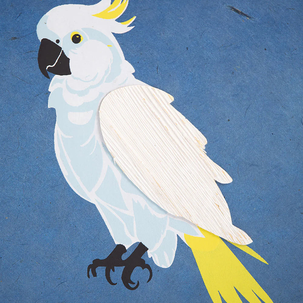 Fair Trade A5 Notebook Made Handmade from Nepalese Cotton Paper Featuring Textured Cockatoo on Cover.